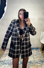 Blazer over tartan inserti ecopelle nero