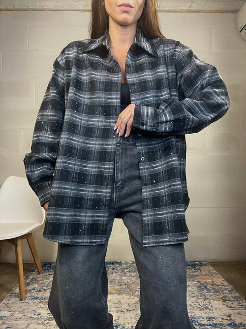 Camicia tartan in flanella over con strass nera