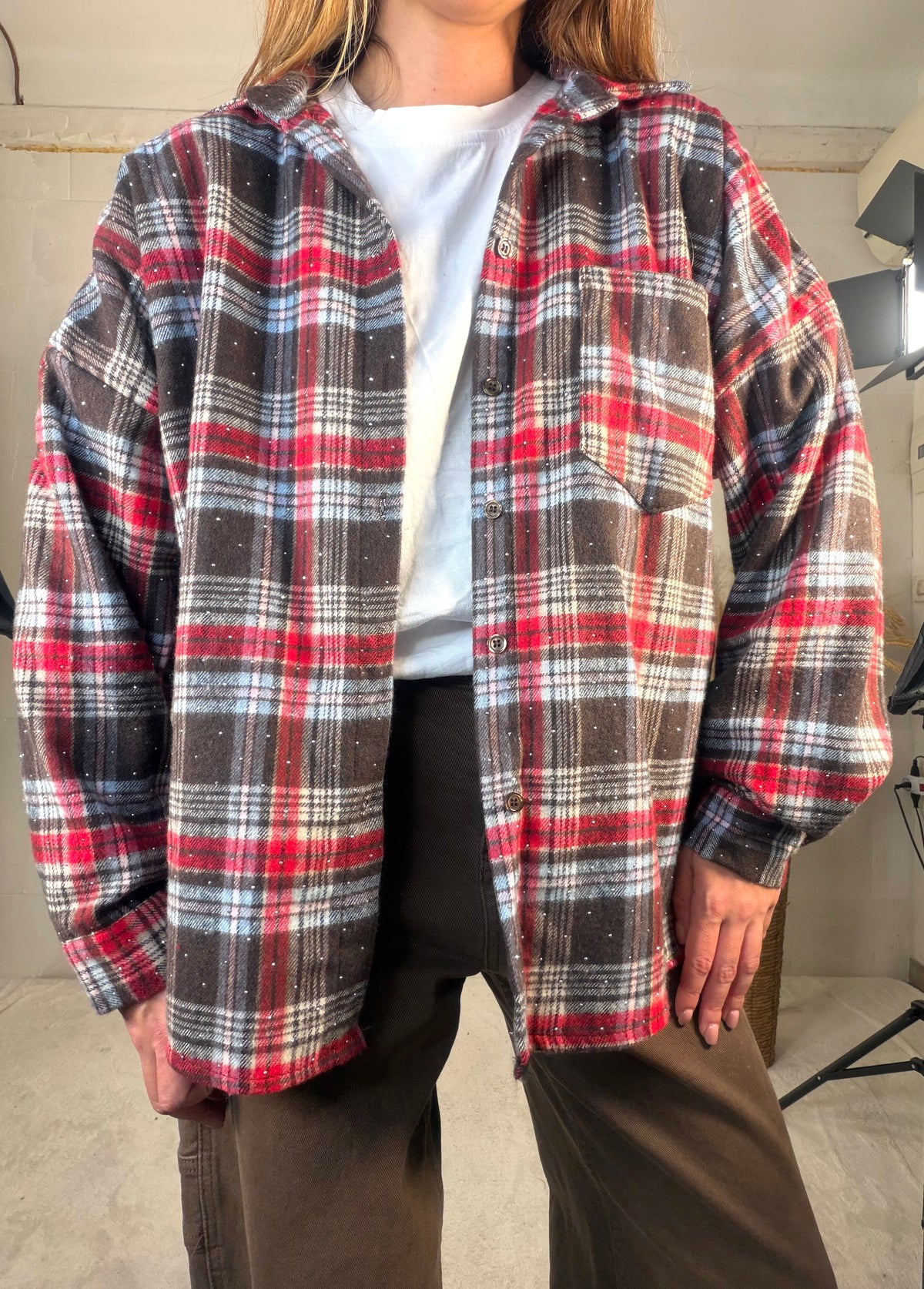 Camicione in flanella tartan rossa/marrone con punti luce