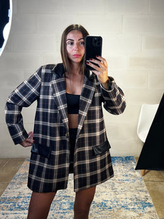 Blazer over tartan inserti ecopelle nero