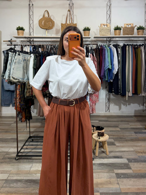 Pantalone in Tencel con pence e cintura terra bruciata
