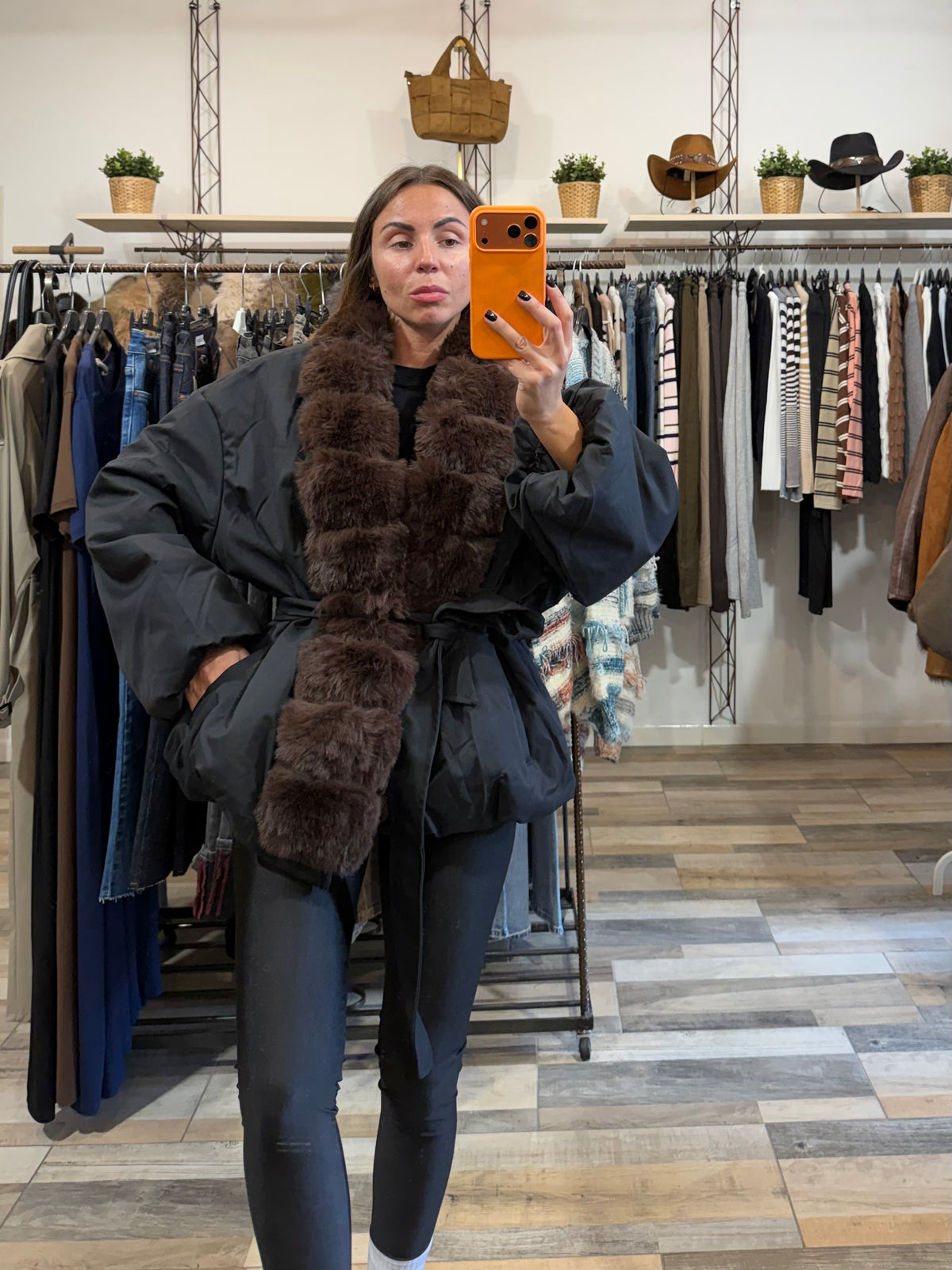 Bomber kimono Cracovia inserti in ecopelliccia con cintura annodabile nero