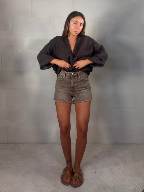 Short in denim Atena marrone con frangette