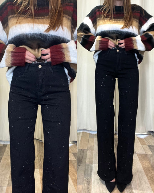 Denim a palazzo elasticizzato nero con strass neri