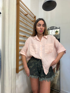 Camicetta in 100% lino rosa con manica a 3/4