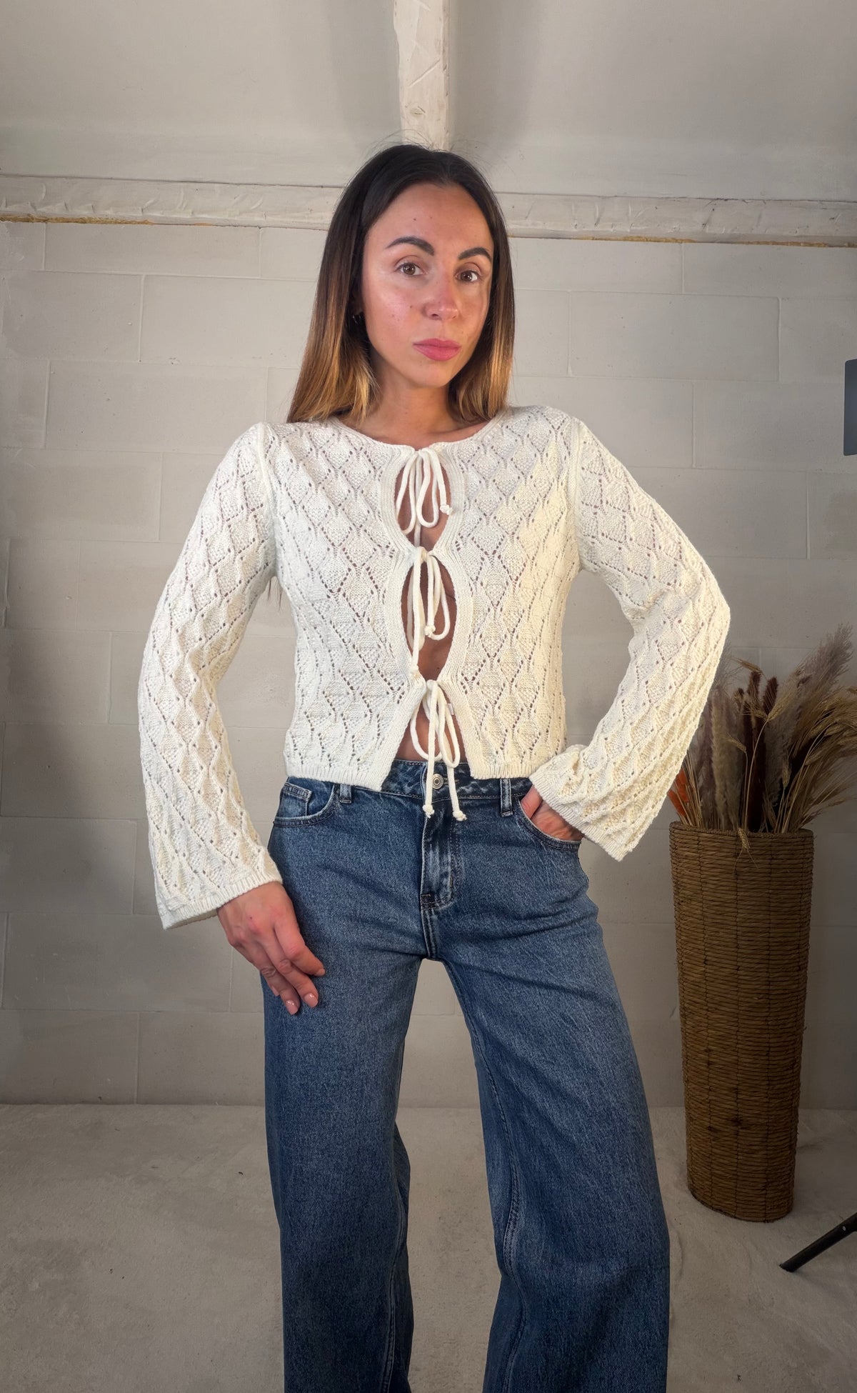 Cardigan panna crochet 10% lana