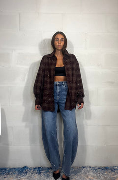 Camicia tartan in flanella over con strass bordeaux