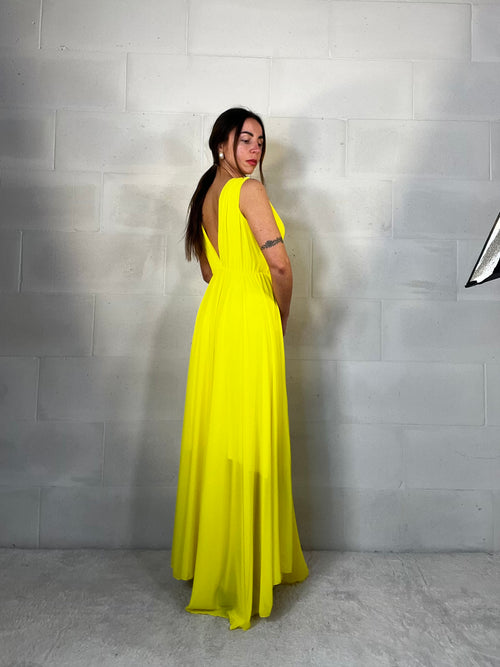 Maxi abito da cerimonia velato Indonesia giallo mimosa