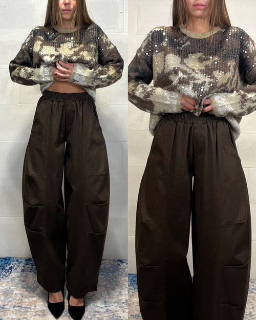 Pantalone baggy testa di moro con elastico in vita