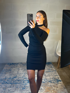 Tubino elasticizzato simil lana spalla scoperta e choker