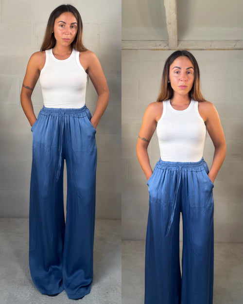 Pantalone satinato 50% cotone 50% seta azzurro