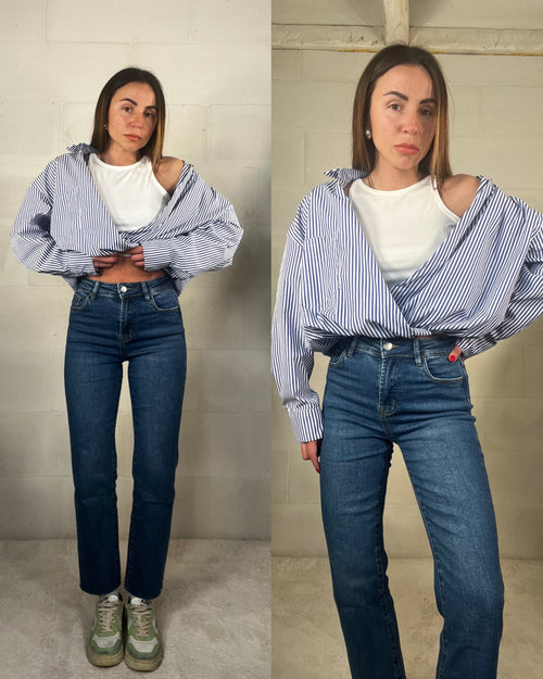 Denim 7/8 taglio vivo a sigaretta blu