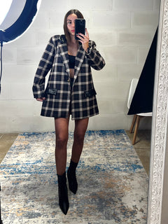 Blazer over tartan inserti ecopelle nero