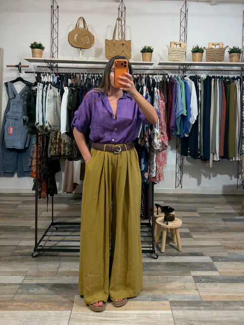 Pantalone in Tencel con pence e cintura senape