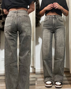 Denim grigio a palazzo effetto usurato sfrangiato sul fondo