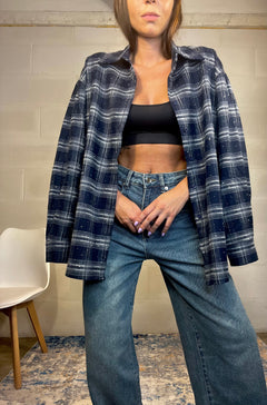 Camicia tartan in flanella over con strass blu notte