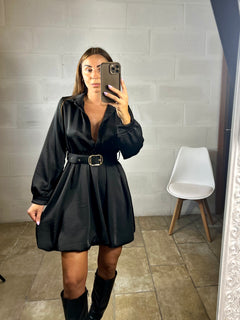 Dress chemisier satinato nero con cintura