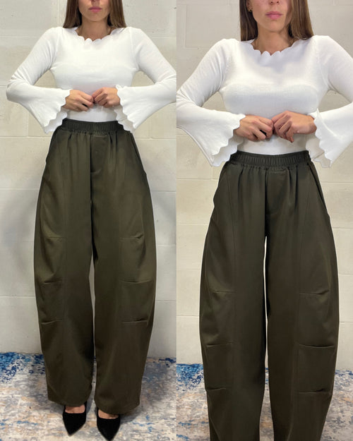 Pantalone baggy verde militare con elastico in vita