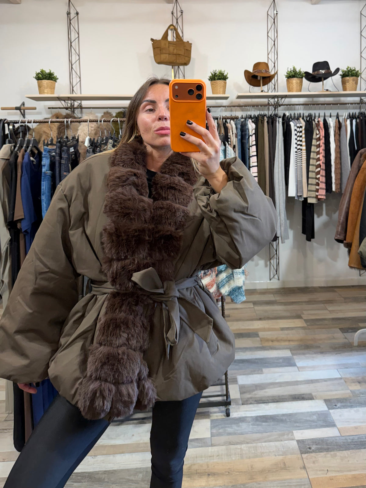 Bomber kimono Cracovia inserti in ecopelliccia con cintura annodabile kaki