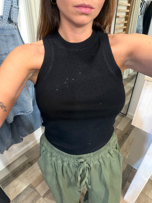 Canotta con strass nera 95% cotone