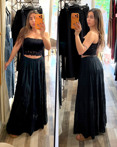 Maxi gonna con sottoveste 100% cotone a balze nera