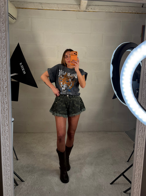 Short a campana mimetico in denim