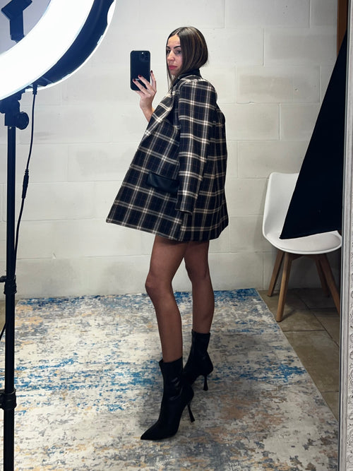 Blazer over tartan inserti ecopelle nero