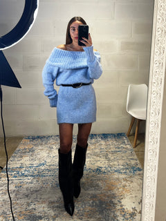 Dress simil lama spalle cadenti e risvolto azzurro