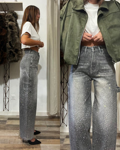 Jeans baggy grigio sfumato con strass