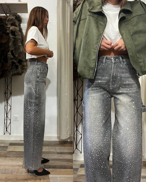 Jeans baggy grigio sfumato con strass