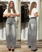 Jeans baggy grigio sfumato con strass