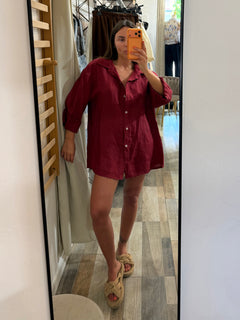 Camicia over in 100% lino bordeux