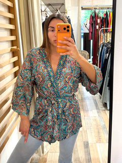 Kimono in seta turchese