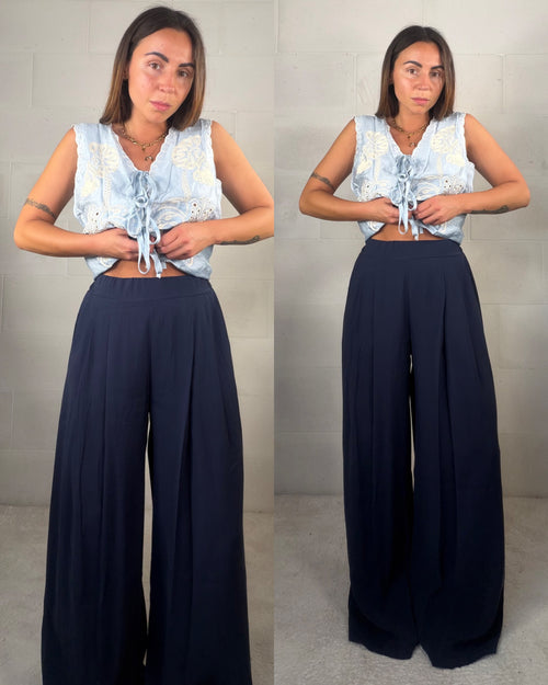 Pantalone in viscosa blu con pence Marina