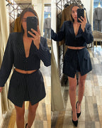 Coordinato short + blazer crop gessato blu