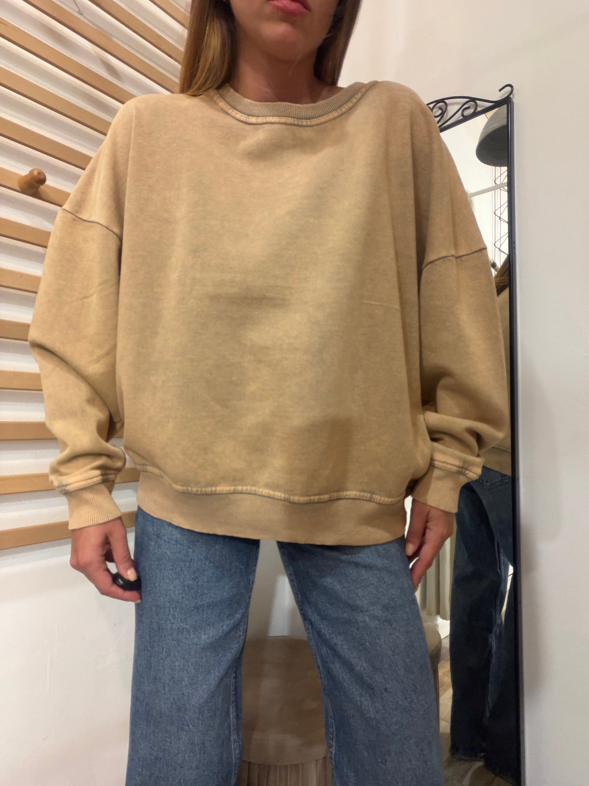 Felpa over slavata beige garzata 100% cotone