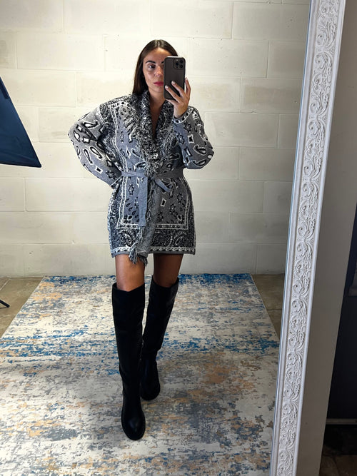 Cardigan Alanu grigio con cintura annodata