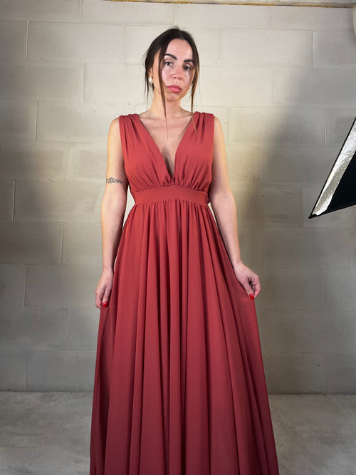 Maxi abito da cerimonia velato Indonesia corallo