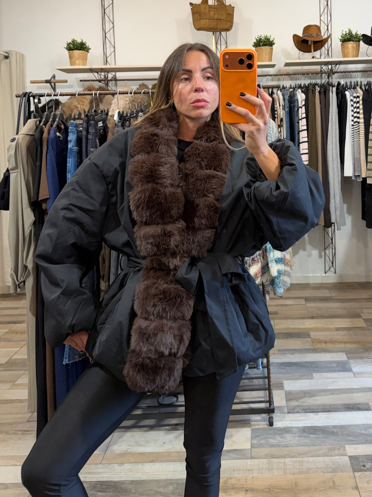 Bomber kimono Cracovia inserti in ecopelliccia con cintura annodabile nero