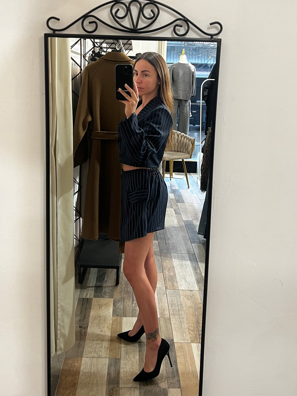 Coordinato short + blazer crop gessato blu