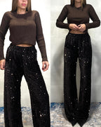 Pantalone di paillettes in ciniglia marrone