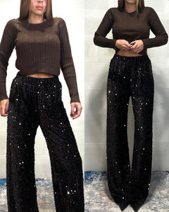 Pantalone di paillettes in ciniglia marrone