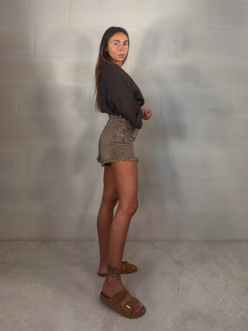 Short in denim Atena marrone con frangette