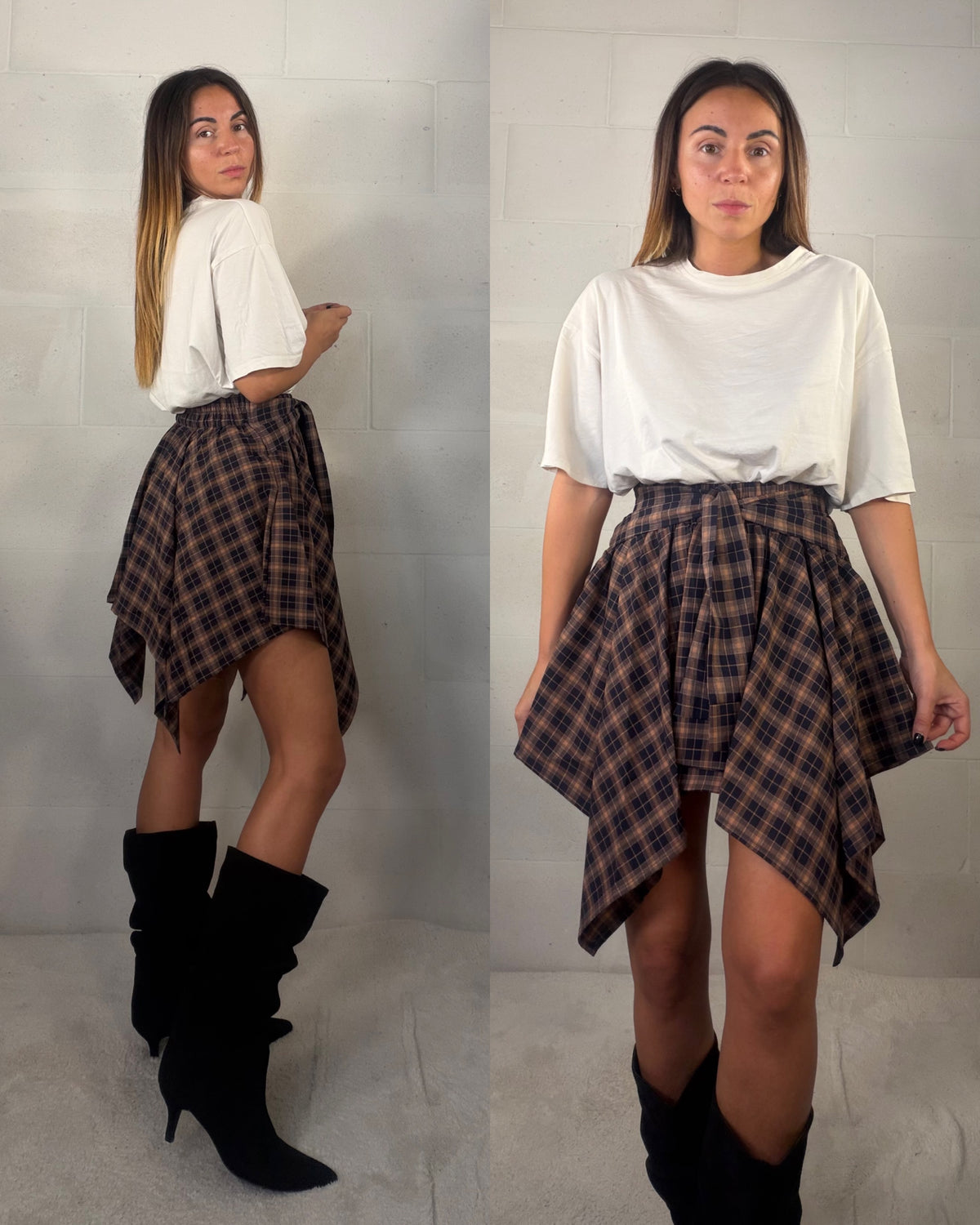 Gonna tartan asimmetrica con nodo frontale blu