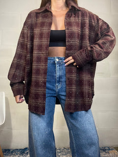 Camicia tartan in flanella over con strass bordeaux
