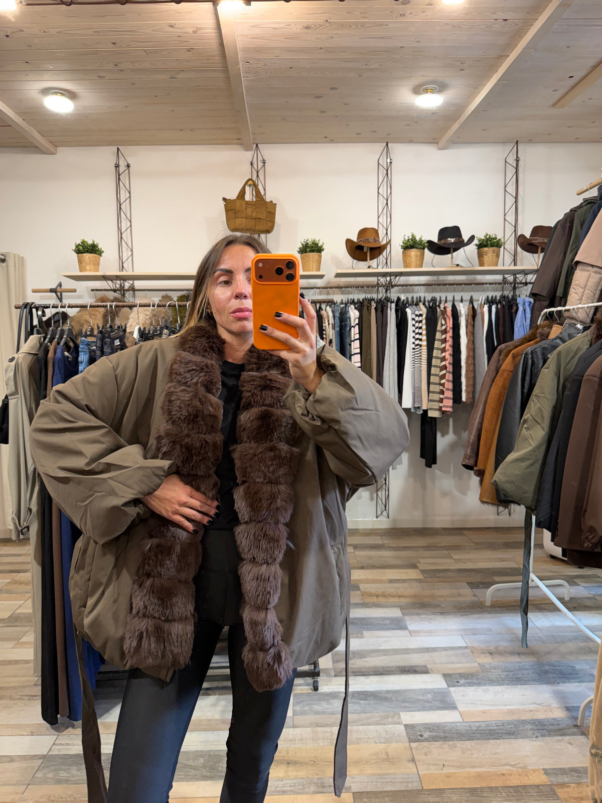 Bomber kimono Cracovia inserti in ecopelliccia con cintura annodabile kaki