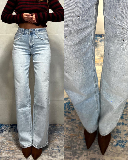 Denim strass lavaggio chiaro a palazzo