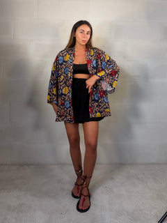 Kimono Indonesia blu viscosa misto cotone