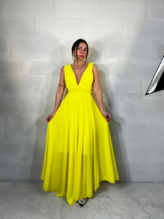 Maxi abito da cerimonia velato Indonesia giallo mimosa