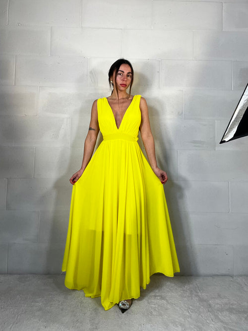 Maxi abito da cerimonia velato Indonesia giallo mimosa